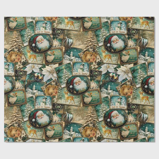 Retro Vintage Kerst: Groene Collage Cadeaupapier (Vlak)
