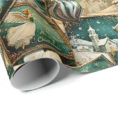 Retro Vintage Kerst: Groene Collage Cadeaupapier (Rol Hoek)