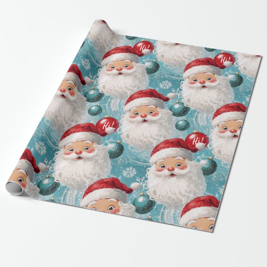Retro Vintage Kerst: Hallo! Santa 2 Cadeaupapier (Uitgerold)