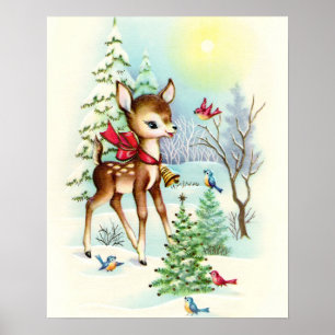Retro vintage Kerst hert Vakantie Poster