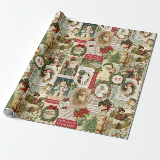 Retro Vintage Kerst Kaarten Collage Cadeaupapier (Uitgerold)