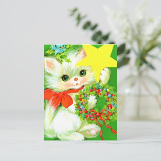 Retro vintage Kerst kat Vakantiekaart Feestdagenkaart (Staand voorkant)