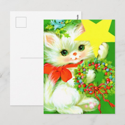 Retro vintage Kerst kat Vakantiekaart Feestdagenkaart (Voorkant / Achterkant)