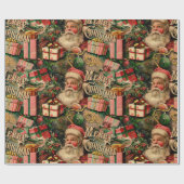Retro Vintage Kerst: Kerstman en Cadeaus Cadeaupapier (Vlak)