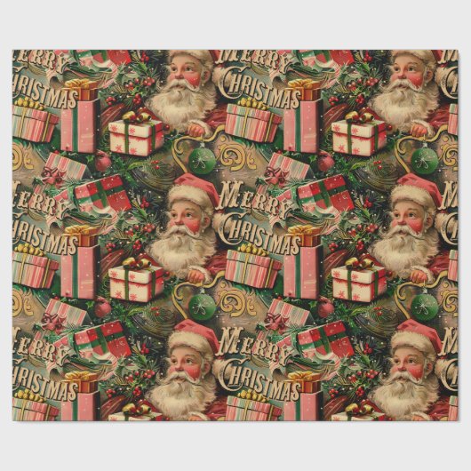 Retro Vintage Kerst: Kerstman en Cadeaus Cadeaupapier (Zoom)