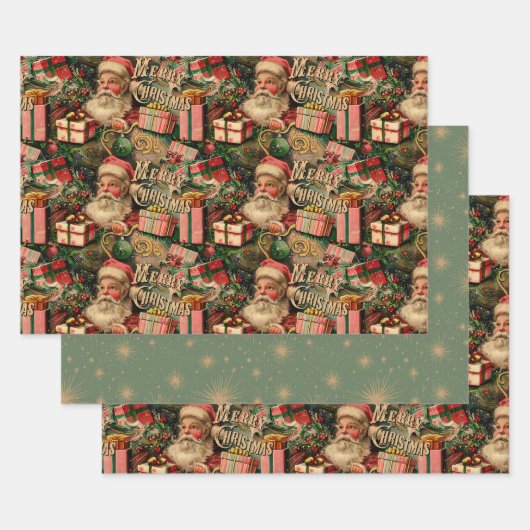 Retro Vintage Kerst: Kerstman en Cadeaus Inpakpapier Vel (Set)