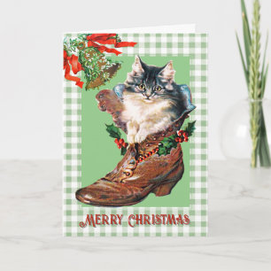 Retro Vintage Kerst Kitten in Laars Sage Plaid Kaart