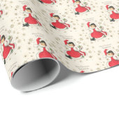 retro vintage kerst meisje sneeuwvlokken cadeaupapier (Rol Hoek)