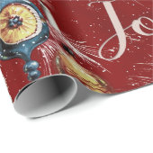 Retro Vintage Kerst Ornamenten op rood Cadeaupapier (Rol Hoek)