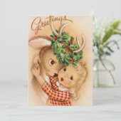 Retro vintage kerst rendier en meisje feestdagenkaart (Staand voorkant)