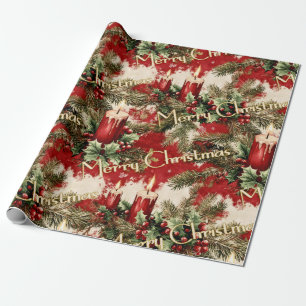 Retro Vintage Kerst: Rode Kaarsen & Holly Cadeaupapier