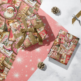 Retro Vintage Kerst: Roze Collage Cadeaupapier