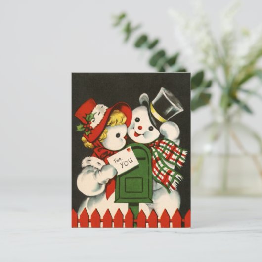 Retro vintage kerst sneeuwpaar briefkaart (Staand voorkant)