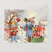 Retro vintage kerst sneeuwpop gebouw feestdagenkaart (Voorkant)