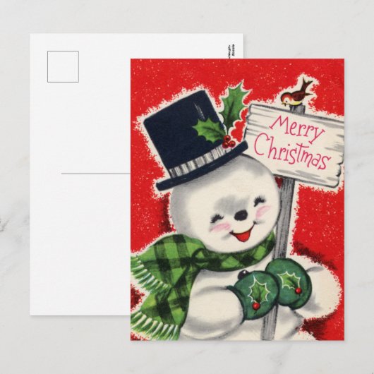 Retro vintage kerst sneeuwpop Vakantie briefkaart (Voorkant / Achterkant)