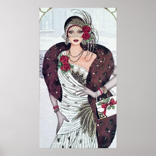 Retro vintage kerstart deco lady poster (Voorkant)