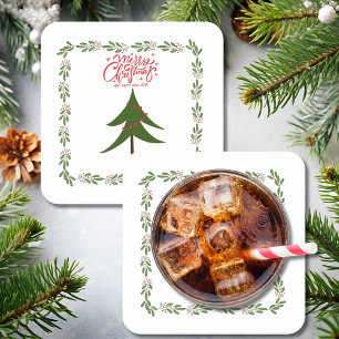 Retro Vintage Kerstboom en Krans Minimalist Kartonnen Onderzetters