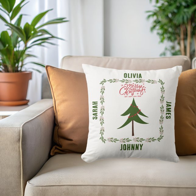 Retro Vintage Kerstboom & Krans Familienaam Kussen (Creator heeft geüpload)