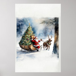 Retro Vintage Kerstboom Santa Sleigh Poster