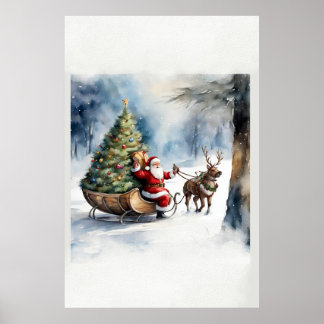 Retro Vintage Kerstboom Santa Sleigh Poster
