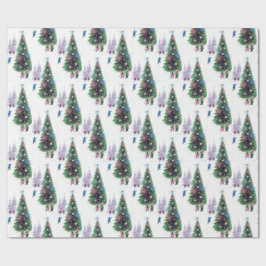 Retro Vintage kerstboomfeest Cadeaupapier (Vlak)