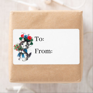 retro vintage kerstcat Holiday Etiket