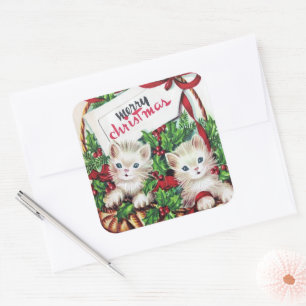 retro vintage kerstcats Holiday Vierkante Sticker