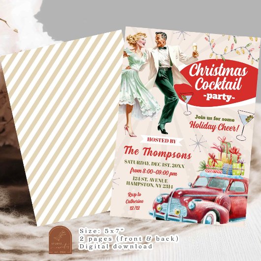 Retro Vintage Kerstcocktail Holiday Party Kaart