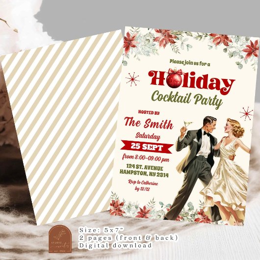 Retro Vintage Kerstcocktail Holiday Party Kaart