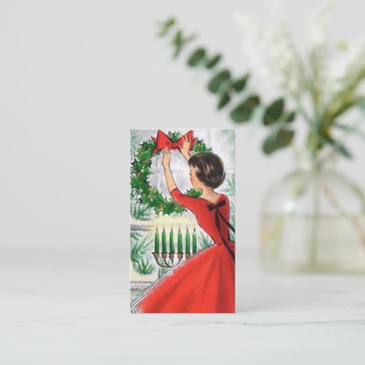Retro Vintage-kerstdame: berichtkaart Visitekaartje (Staand voorkant)