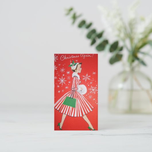 Retro Vintage-kerstdame: berichtkaart Visitekaartje (Staand voorkant)