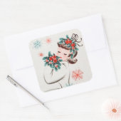 Retro vintage kerstdame Holiday Vierkante Sticker (Envelop)