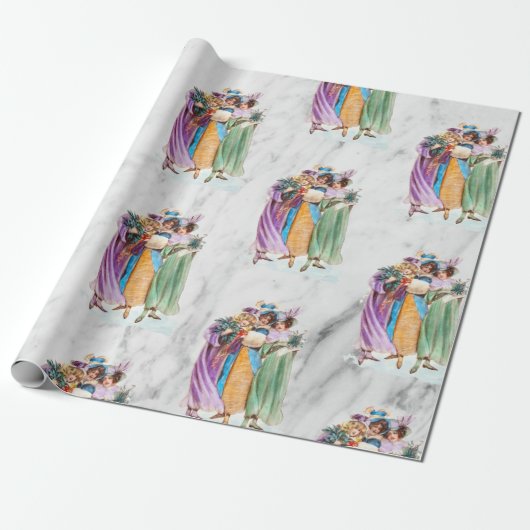 Retro Vintage-kerstfeestdames Cadeaupapier (Uitgerold)