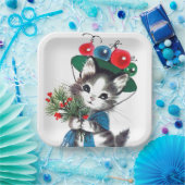 Retro vintage kerstfeestkat papieren bordje (Feest)