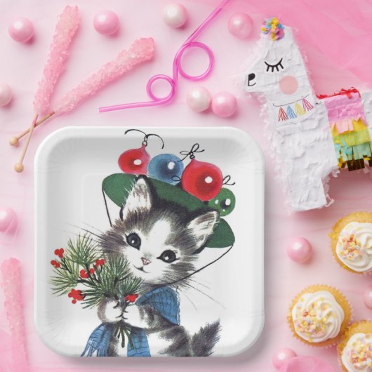 Retro vintage kerstfeestkat papieren bordje (Feest)