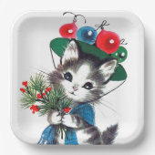 Retro vintage kerstfeestkat papieren bordje (Voorkant)