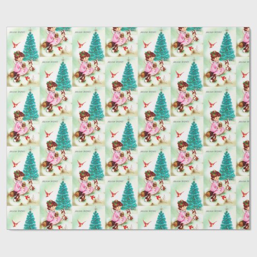 Retro Vintage-kerstinslag Cadeaupapier (Vlak)