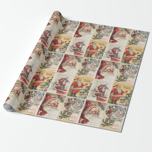 Retro Vintage Kerstkaarten Collage Cadeaupapier (Uitgerold)