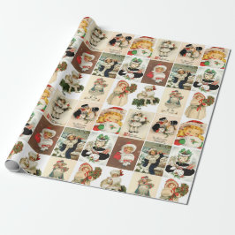 Retro Vintage Kerstkaarten Collage Cadeaupapier