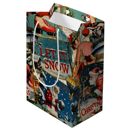 Retro Vintage Kerstkaarten Collage Medium Cadeauzakje (Achterkant Gekanteld)