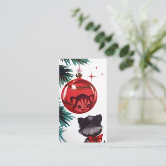 Retro Vintage-kerstkat: berichtkaart toevoegen Visitekaartje (Staand voorkant)