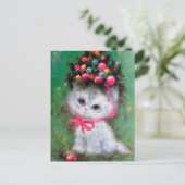 Retro vintage Kerstkat Vakantie briefkaart (Staand voorkant)