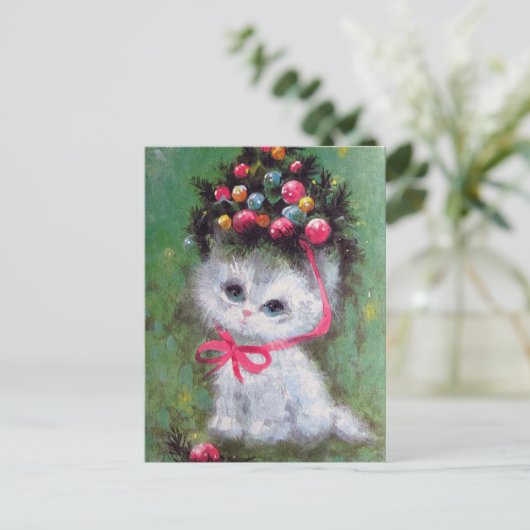 Retro vintage Kerstkat Vakantie briefkaart (Staand voorkant)