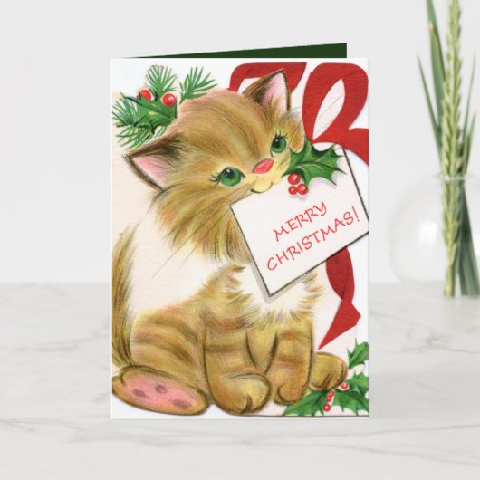 retro vintage kerstkat voegt sentiment toe feestdagen kaart (Voorkant)