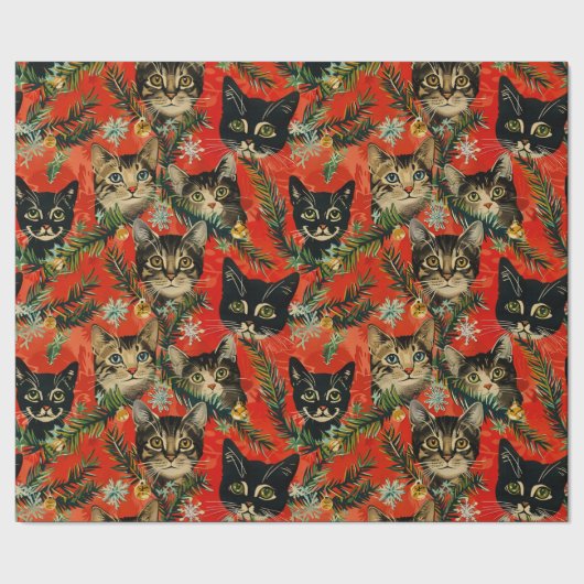 Retro Vintage Kerstkatten Cadeaupapier (Zoom)