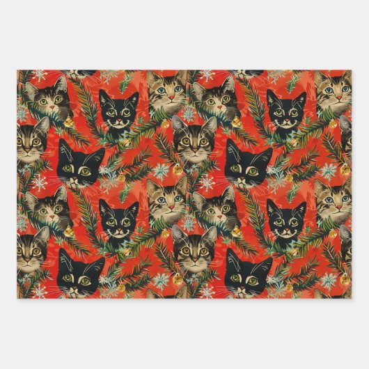 Retro Vintage Kerstkatten Inpakpapier Vel (Voorkant)