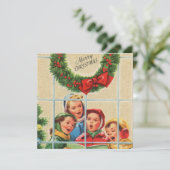 Retro Vintage Kerstkinderen in het raam Feestdagenkaart (Staand voorkant)