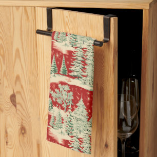 Retro Vintage Kerstlandschap Theedoek