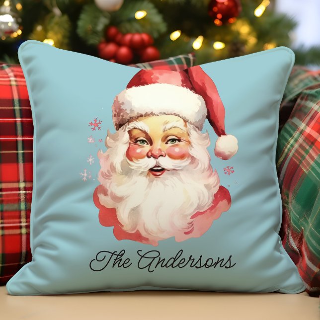 Retro Vintage Kerstman Blauwe Kerst Kussen (Creator heeft geüpload)