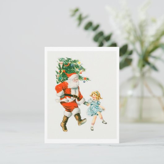 Retro Vintage Kerstman en meisje Feestdagenkaart (Staand voorkant)